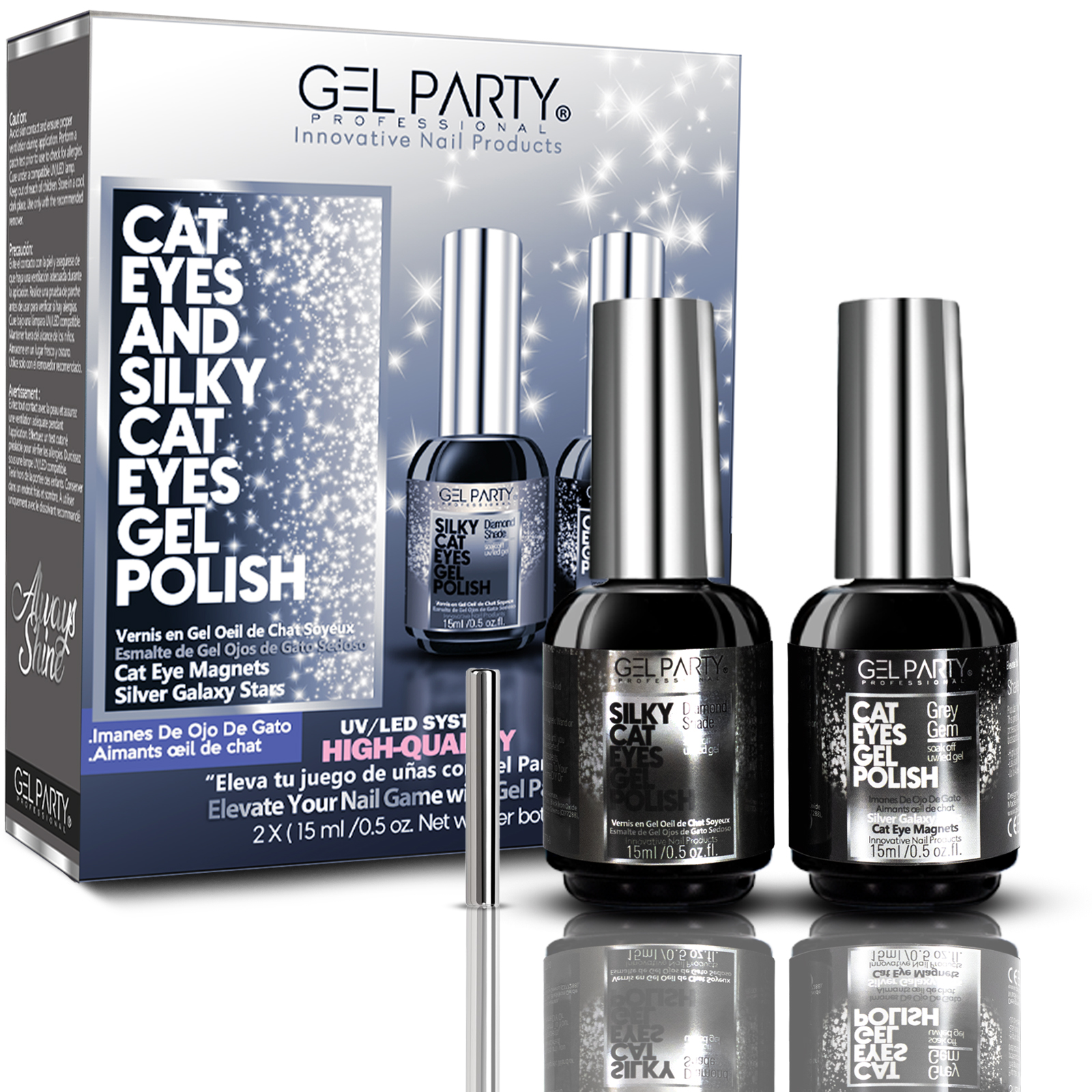 Gelparty Silver Cat Eye Gel Kit – Magnetic 9D Cat Eye & Glitter Duo